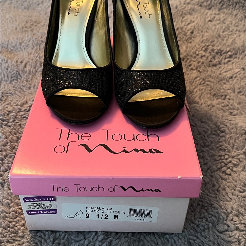 Touch of Nina Glittering Black Peep-Toe Heels